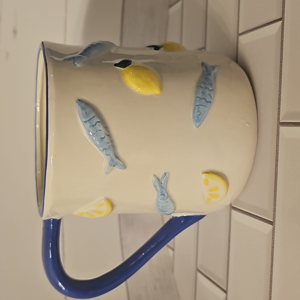 Hand-Painted Blue Sardines And Lemons Ceramic Mug - Picture 2 of 4